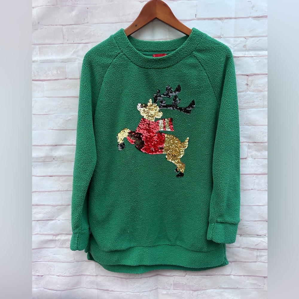 Joyland M sequined Christmas reindeer green fleece sweatshirt holiday